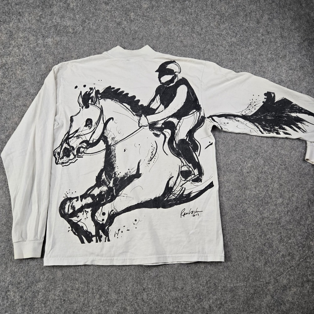 Vintage Horse Rider Graphic T Shirt Mens Medium White 2003 Mock Neck Art AOP